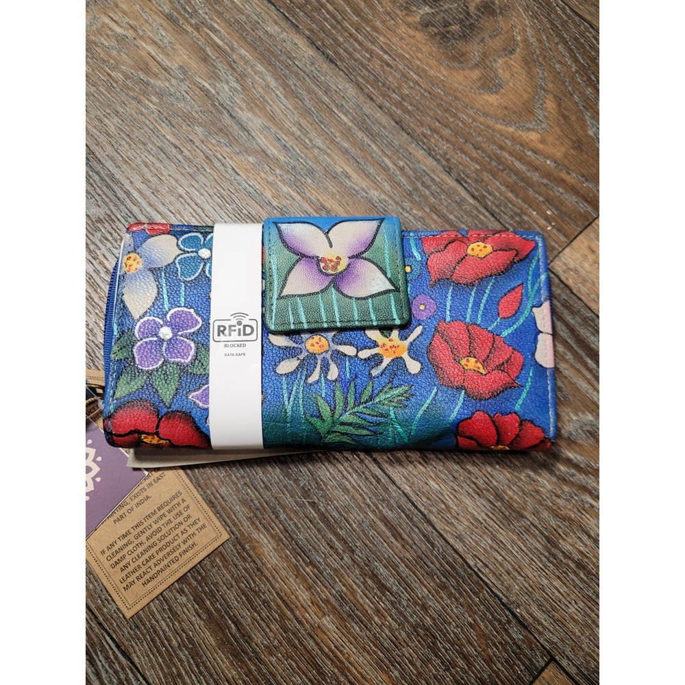 Sukriti Hand Painted Leather Wallet RFID Blocking Floral Garden Blue Zip Around